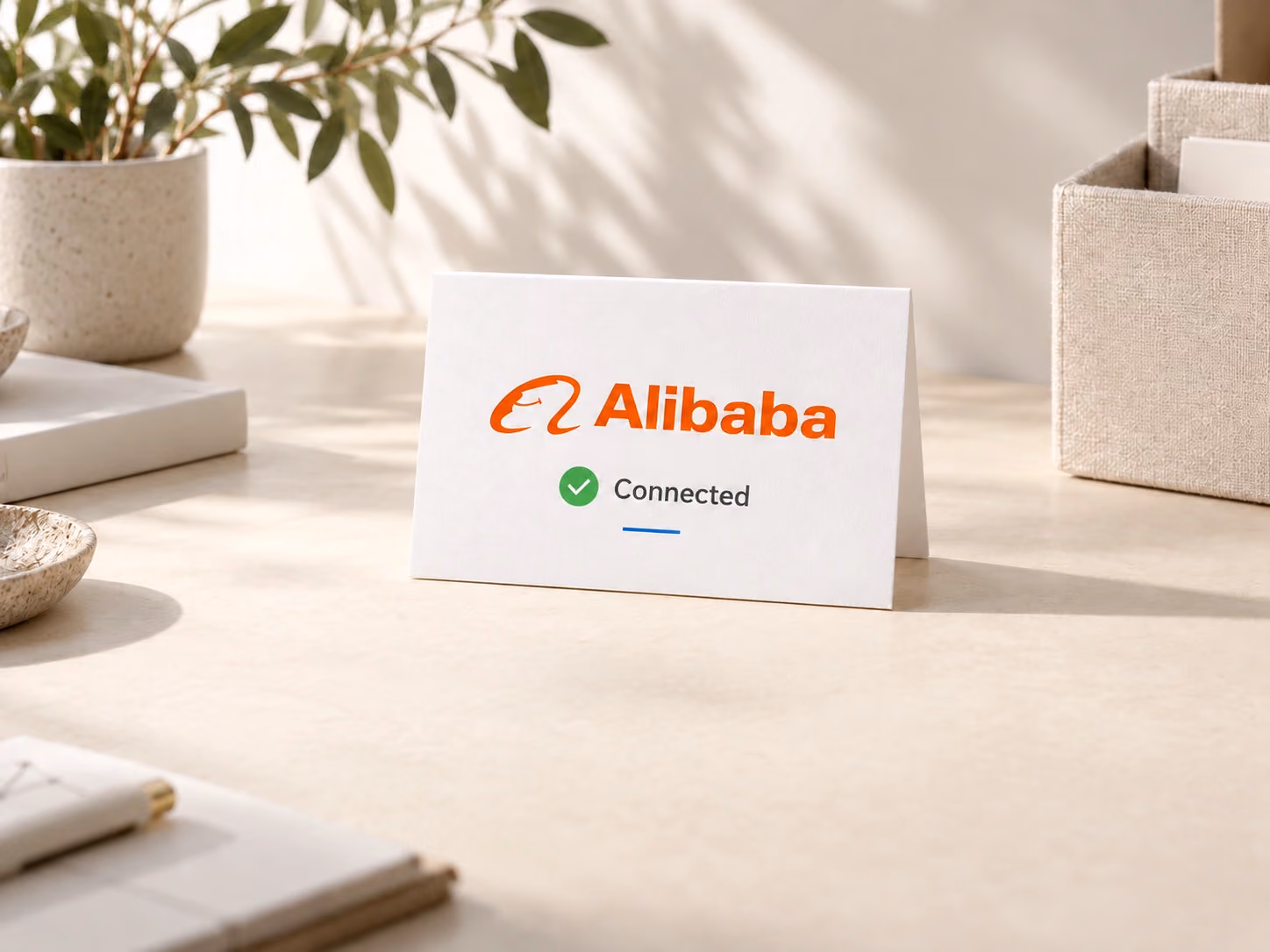 An Alibaba Connected card confirms the buyer account connection is complete.